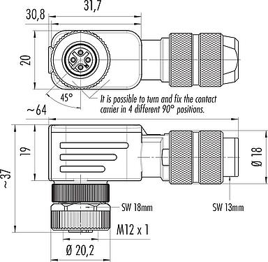 Dibujo a escala M12 Conector hembra en ángulo, Número de contactos: 4, 5,0-8,0 mm, blindable, crimpado (los contactos de crimpado deben pedirse por separado), IP67, UL 2238