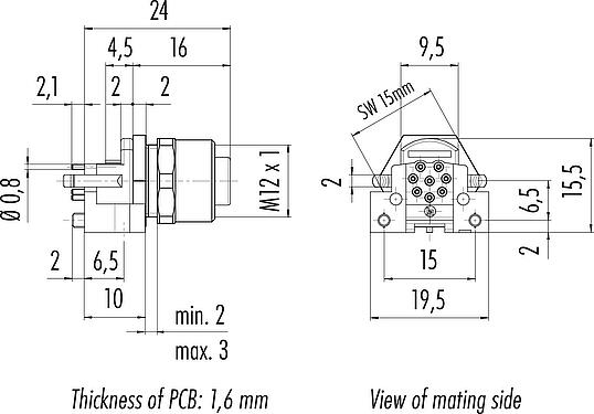 Dibujo a escala M12 Toma de brida, Número de contactos: 8, sin blindaje, THR, IP68, UL 2238, M12x1,0, Montaje frontal, para montaje de PCB