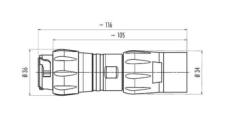 Scale drawing Bayonet Male cable connector, Contacts: 4+PE, 7.0-17.0 mm, unshielded, crimping (Crimp contacts must be ordered separately), IP68/IP69K, UL 2238, VDE, UV resistant
