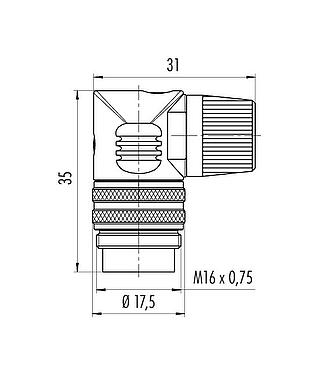 Scale drawing M16 Male angled connector, Contacts: 24, 6.0-8.0 mm, unshielded, solder, IP40