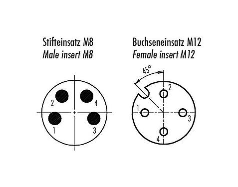 Contact arrangement (Plug-in side) M12/M8 Adapter, Contacts: 4, unshielded, pluggable, IP67
