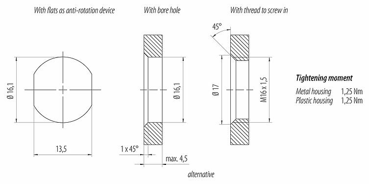 Muestra de montaje M12 Enchufe de brida, Número de contactos: 5, sin blindaje, hilos, IP68, UL 2238, M16x1,5, Montaje frontal