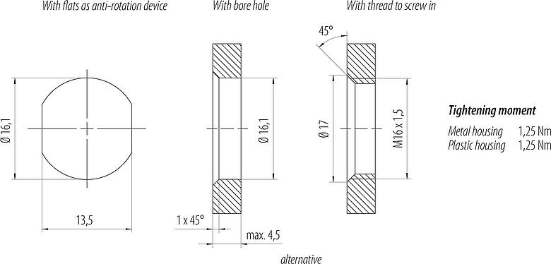 Muestra de montaje M12 Enchufe de brida, Número de contactos: 4, sin blindaje, hilos, IP68, UL 2238, M16x1,5, Montaje frontal