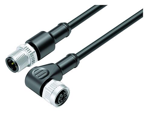 Illustration M12 Connecting cable male cable connector - female angled connector, Contacts: 4, unshielded, moulded on the cable, IP68/IP69K, UL 2238, PUR, black, 4 x 0.34 mm², 0.6 m