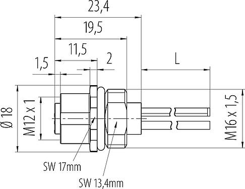 Dibujo a escala M12 Toma de brida, Número de contactos: 3, sin blindaje, hilos, IP68, UL 2238, M16x1,5, Montaje frontal, moldeado