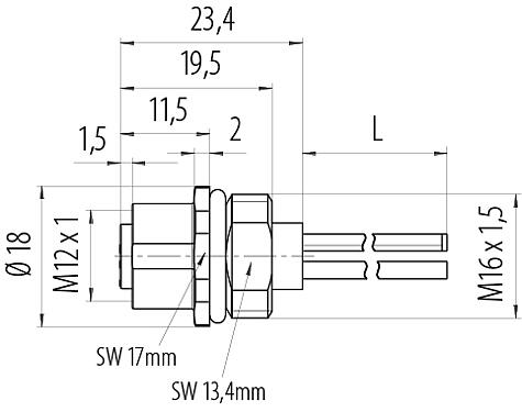 Dibujo a escala M12 Toma de brida, Número de contactos: 3, sin blindaje, hilos, IP68, UL 2238, M16x1,5, Montaje frontal, moldeado