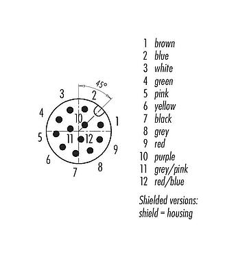 Disposition des contacts (Côté plug-in) M12 Connecteur mâle, Contacts: 12, blindé, surmoulé sur le câble, IP67, UL 2238, PUR, noir, 12 x 0,25 mm², 5 m