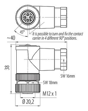 Scale drawing M12 Female angled connector, Contacts: 4, 6.0-8.0 mm, unshielded, crimping (Crimp contacts must be ordered separately), IP67, UL 2238