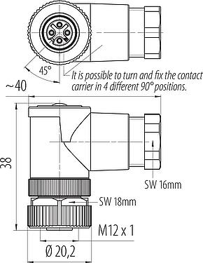 Dessin coté M12 Connecteur femelle coudé, Contacts: 4, 6,0-8,0 mm, non blindé, sertir (Les contacts à sertir doivent être commandés séparément), IP67, UL 2238