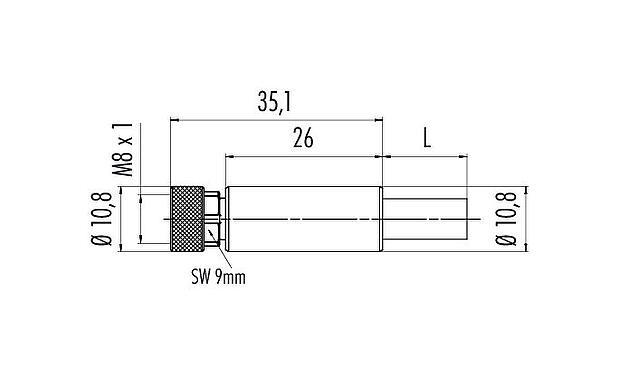 Scale drawing M8 Female cable connector, Contacts: 4, shielded, moulded on the cable, IP67, Profinet/Ethernet CAT5e, PUR, green, 4 x AWG 22, 5 m