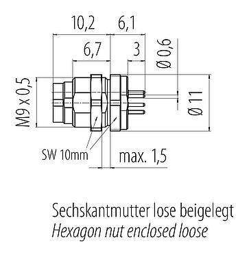 Scale drawing M9 Male panel mount connector, Contacts: 7, unshielded, THT, IP40, M9x0,5, Rear mounting