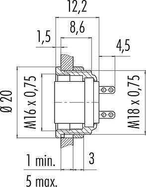 Dessin coté M16 Embase femelle, Contacts: 5 (05-b), non blindé, souder, IP40, M18x0,75, Montage frontal
