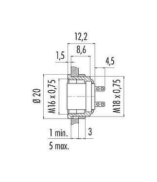 Dessin coté M16 Embase femelle, Contacts: 5 (05-a), non blindé, souder, IP40, M18x0,75, Montage frontal