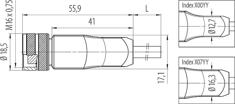 Dessin coté M16 Connecteur femelle, Contacts: 12, blindé, surmoulé sur le câble, IP67, PUR, noir, 12 x 0,25 mm², 2 m