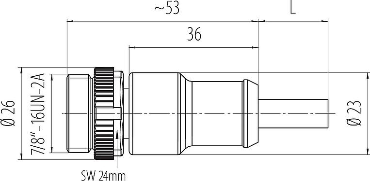 Dibujo a escala 7/8" Conector de cable macho, Número de contactos: 3, sin blindaje, moldeado en el cable, IP68, UL 2238, PUR, negro, 3 x 1,50 mm², 2 m