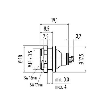 Scale drawing Push Pull Female panel mount connector, Contacts: 8, unshielded, solder, IP67, M14x0,5, Rear mounting