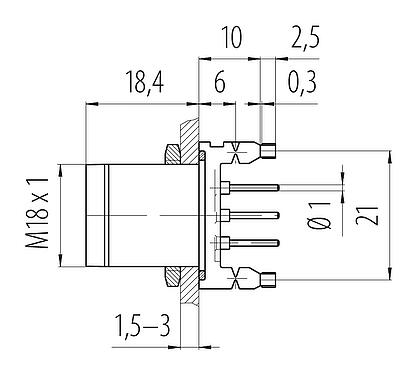Dibujo a escala M18 Enchufe de brida, Número de contactos: 4, sin blindaje, THT, IP67, M18x1,0, Montaje en pared