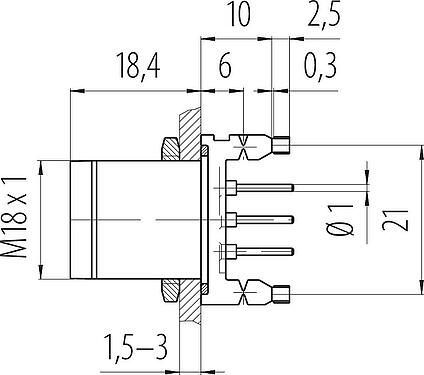 Dibujo a escala M18 Enchufe de brida, Número de contactos: 4, sin blindaje, THT, IP67, UL, M18x1,0, Montaje en pared