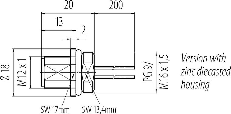 Dibujo a escala M12 Enchufe de brida, Número de contactos: 5, sin blindaje, hilos, IP68, UL 2238, M16x1,5, Montaje frontal