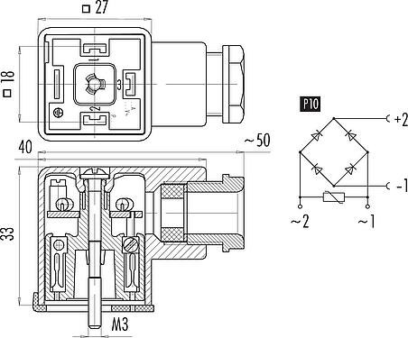 Dibujo a escala Conector hembra de potencia, Número de contactos: 2+PE, 6,0-8,0 mm, sin blindaje, tornillo extraíble, IP40 sin junta, PG 9, Circuito P10