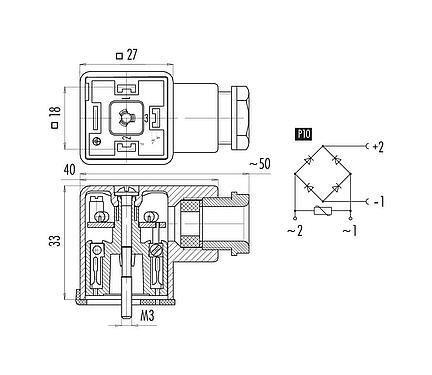 Scale drawing Female power connector, Contacts: 2+PE, 6.0-8.0 mm, unshielded, screw clamp, IP40 without seal, PG 9, Circuit P10