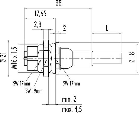 Dibujo a escala M12 Toma de brida, Número de contactos: 8, blindado, con cables ensamblado, IP67, UL, M16x1,5, Ethernet, PUR, verde, 4 x 2 x AWG 26/7, Montaje en pared, 0,5 m
