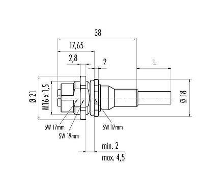 Dessin coté M12 Embase femelle, Contacts: 8, blindé, assemblés avec câble, IP67, UL, M16x1,5, Ethernet, PUR, vert, 4 x 2 x AWG 26/7, Montage mural arrière, 0,5 m