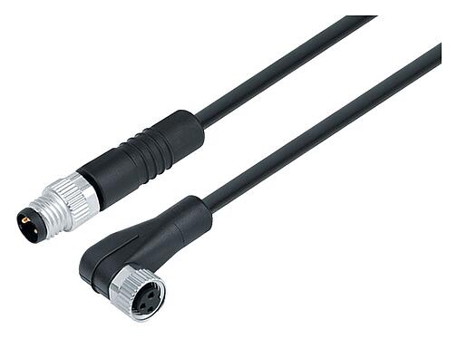Illustration M8 Connecting cable male cable connector - female angled connector, Contacts: 3, unshielded, moulded on the cable, IP67/IP69K, UL 2238, PUR, black, 3 x 0.34 mm², 10 m