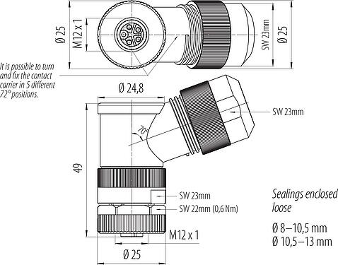 Dibujo a escala M12 Conector hembra en ángulo, Número de contactos: 4+PE, 8,0-13,0 mm, sin blindaje, tornillo extraíble, IP67, UL 2237 en preparación, con conexión de PE
