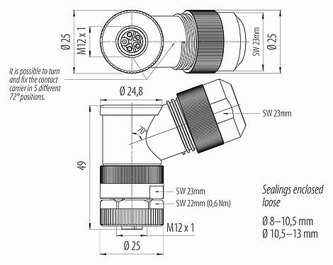 Dibujo a escala M12 Conector hembra en ángulo, Número de contactos: 4+PE, 8,0-13,0 mm, sin blindaje, tornillo extraíble, IP67, UL 2238