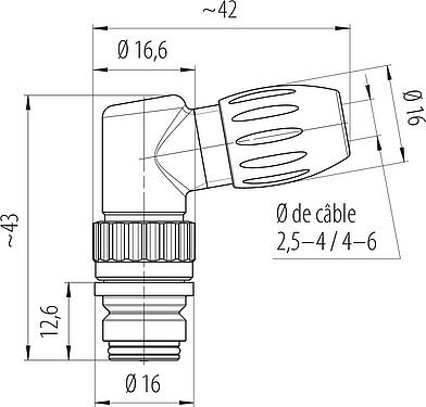 Dessin coté Snap-In Connecteur femelle coudé, Contacts: 12, 4,0-6,0 mm, non blindé, souder, IP67