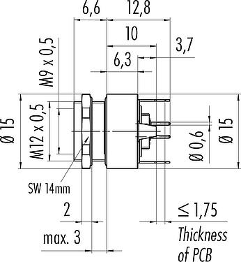 Scale drawing M9 Female panel mount connector, Contacts: 7, shieldable, THT, IP67, M12x0.5, Rear mounting, potted