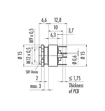 Scale drawing M9 Female panel mount connector, Contacts: 7, shieldable, THT, IP67, M12x0.5, Rear mounting, potted