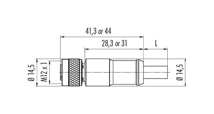 Dessin coté M12 Connecteur femelle, Contacts: 8, blindé, surmoulé sur le câble, IP67, UL 2238, PUR, noir, 8 x 0,25 mm², 2 m