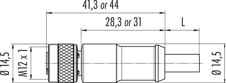 Scale drawing M12 Female cable connector, Contacts: 3, shielded, moulded on the cable, IP67, UL 2238, PUR, black, 3 x 0.34 mm², 2 m
