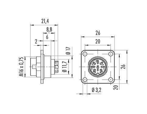 Scale drawing M16 Square male panel mount connector, Contacts: 5 (05-a), unshielded, crimping (Crimp contacts must be ordered separately), IP67, UL 2238, M3 (4x), Front mounting