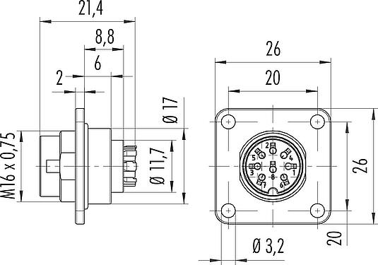 Scale drawing M16 Square male panel mount connector, Contacts: 4 (04-a), unshielded, crimping (Crimp contacts must be ordered separately), IP67, UL 2238, M3 (4x), Front mounting