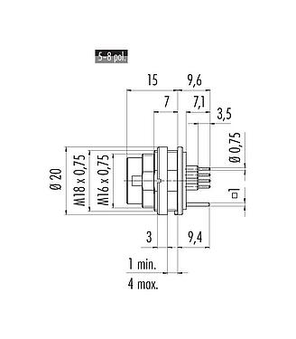 Dibujo a escala M16 Enchufe de brida, Número de contactos: 5 (05-a), blindable, THT, IP40, M18x0,75, Montaje en pared