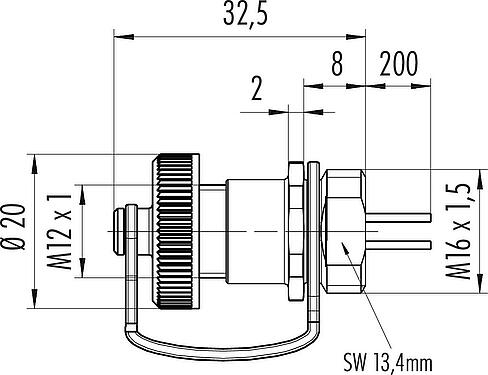 Scale drawing M12 Female panel mount connector, Contacts: 4, unshielded, single wires, IP69K, M16x1.5, Front mounting, for outdoor, UV resistant, potted