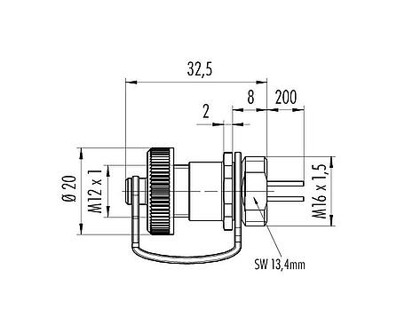 Dibujo a escala M12 Toma de brida, Número de contactos: 4, sin blindaje, hilos, IP69K, M16x1,5, Montaje frontal, para aplicaciones exteriores, UV-Beständig, moldeado
