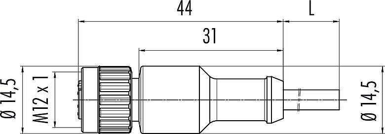 Scale drawing M12 Female cable connector, Contacts: 3, unshielded, moulded on the cable, IP68/IP69K, UL 2238, PUR, black, 3 x 0.34 mm², 2 m