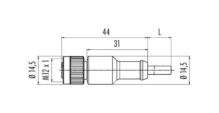 Scale drawing M12 Female cable connector, Contacts: 3, unshielded, moulded on the cable, IP68/IP69K, UL 2238, PUR, black, 3 x 0.34 mm², 2 m
