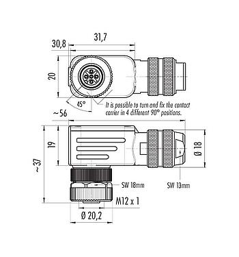 Dibujo a escala M12 Conector hembra en ángulo, Número de contactos: 5, 6,0-8,0 mm, blindable, abrazadera de alambre, IP67, con anillo de protección