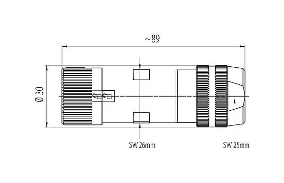 Scale drawing Bayonet Female cable connector, Contacts: 6 (3+PE+2), 7,0-14,0 mm, unshielded, screw clamp, IP67 plugged and locked, UL 2237