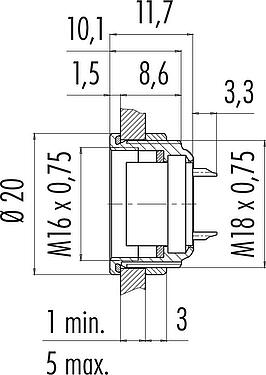 Scale drawing M16 Female panel mount connector, Contacts: 16, unshielded, solder, IP67, UL 2238, M18x0,75, Front mounting
