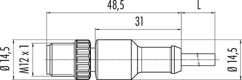 Dessin coté M12 Connecteur mâle, Contacts: 3, non blindé, surmoulé sur le câble, IP68/IP69K, UL 2238, PUR, noir, 3 x 0,34 mm², 2 m