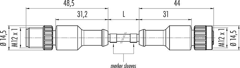Dessin coté M12 Câble de raccordement connecteur mâle - connecteur femelle, Contacts: 3, non blindé, surmoulé sur le câble, IP68/IP69K, UL 2238, PUR, noir, 3 x 0,34 mm², 2 m