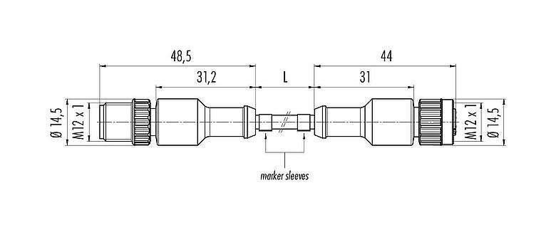 Scale drawing M12 Connecting cable male cable connector - female cable connector, Contacts: 4, unshielded, moulded on the cable, IP68/IP69K, UL 2238, PUR, black, 4 x 0.34 mm², 2 m
