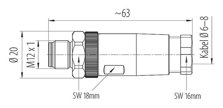Dibujo a escala M12 Conector de cable macho, Número de contactos: 4, 8,0-10,0 mm, sin blindaje, tornillo extraíble, IP67, Acero inoxidable