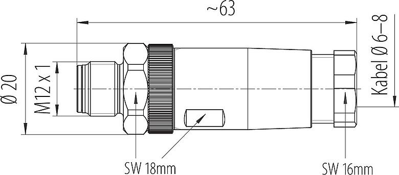 Dibujo a escala M12 Conector de cable macho, Número de contactos: 4, 8,0-10,0 mm, sin blindaje, tornillo extraíble, IP67, Acero inoxidable